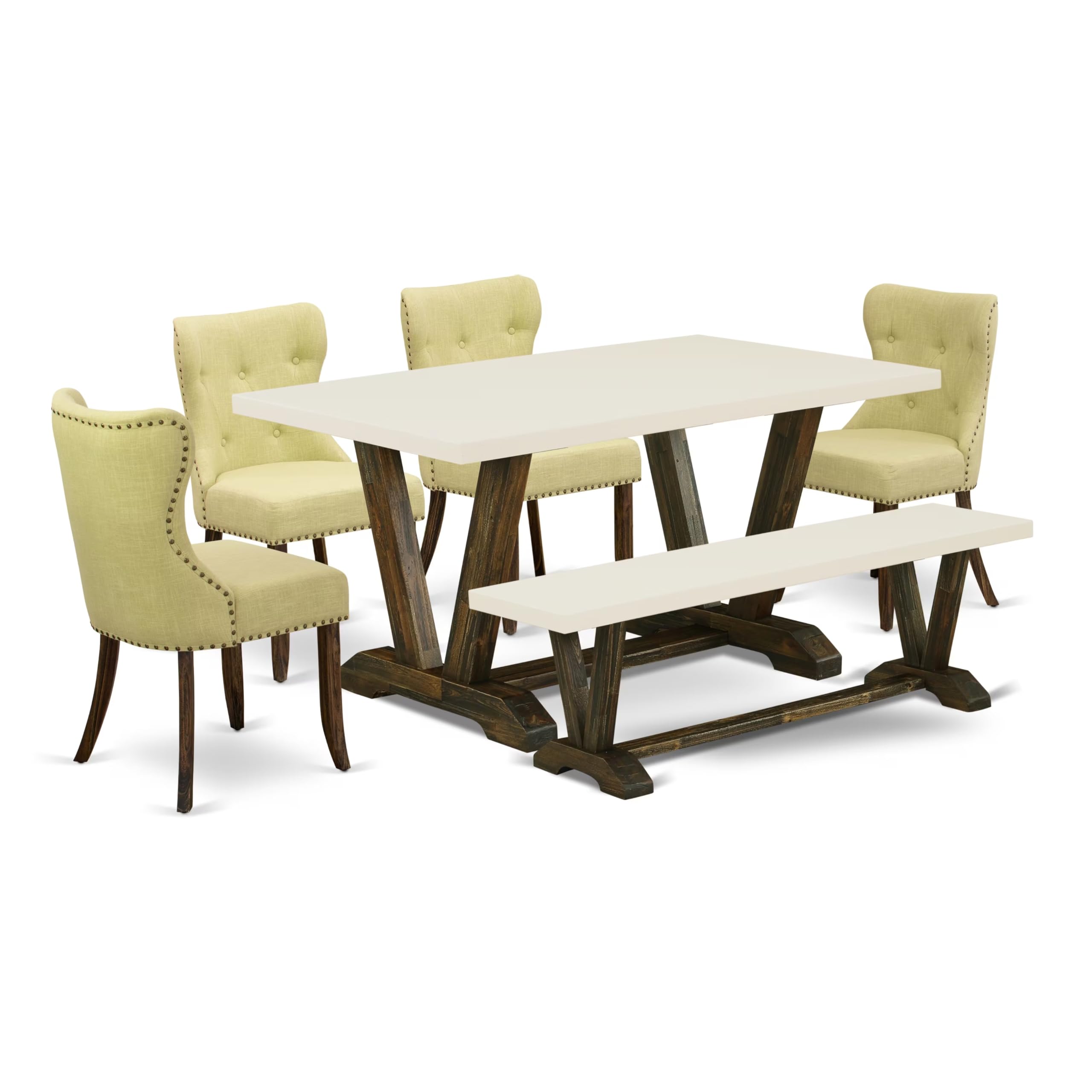 East West Furniture V726Si737-6 6 Piece Dining Table Set Contains A Rectangle Dining Room Table And 4 Limelight Linen Fabric Parson Chairs With A Bench, 36X60 Inch, Multi-Color